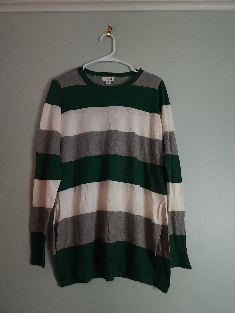 Madison Green, Gray & White Striped Crewneck